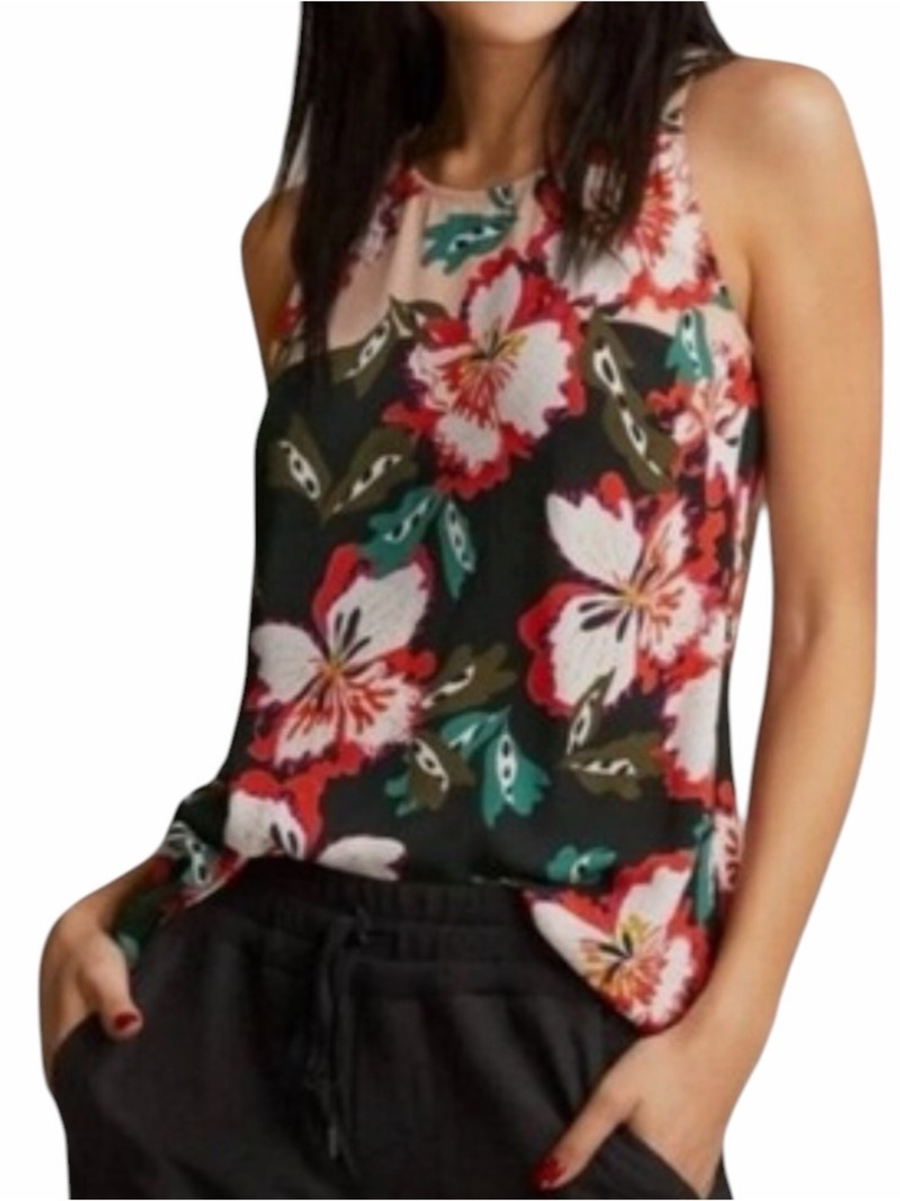CAbi "Hibiscus" Black/Pink Floral Print Sleeveless Tank Top #5542 M